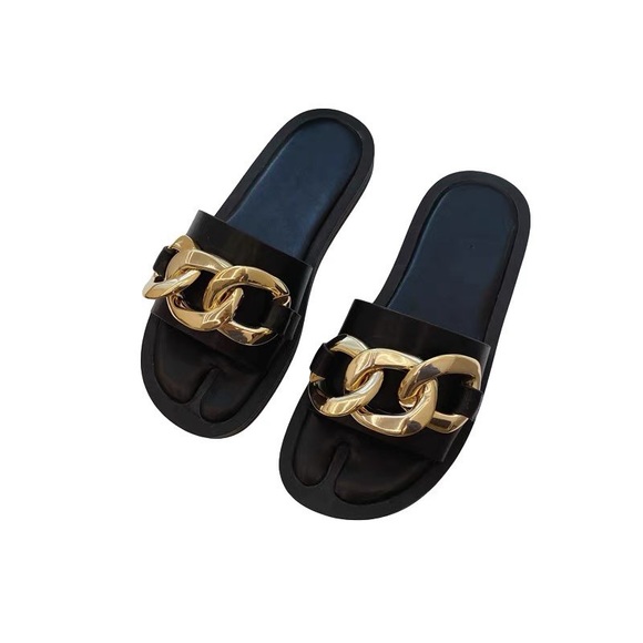 Zara Black Slides with Gold Chain Detail